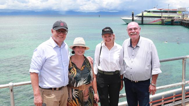 Prime Minister Scott Morrison, his wife Jenny Morrison, Federal Environment Minister Sussan Ley, Member for Leichhardt Warren Entsch at Green Island, off the coast of Cairns. Picture: Brendan Radke