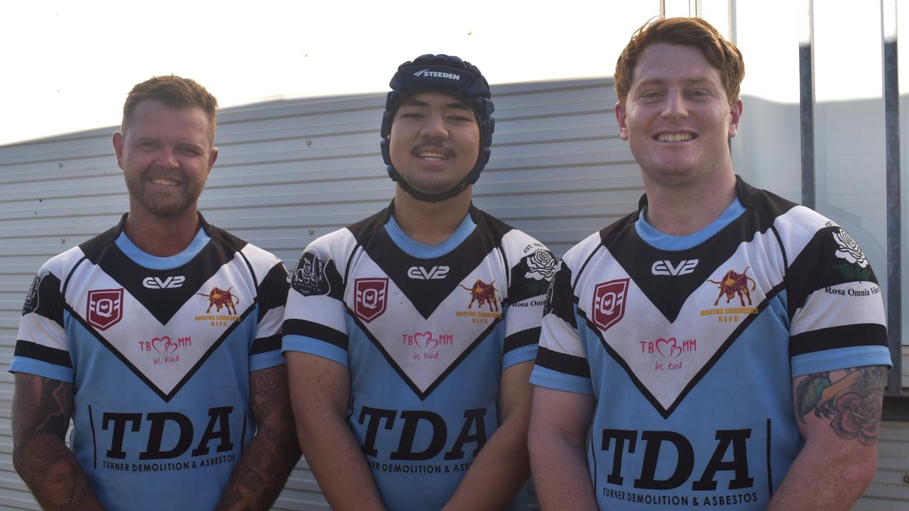 Norths reserve grade players Kurt Goodhew, Ponzi Balbuena and Jordan Moffat at Norths Chargers' inaugural TBMMBEKIND Day at the Gymmy Grounds, Rockhampton, on July 20, 2024.