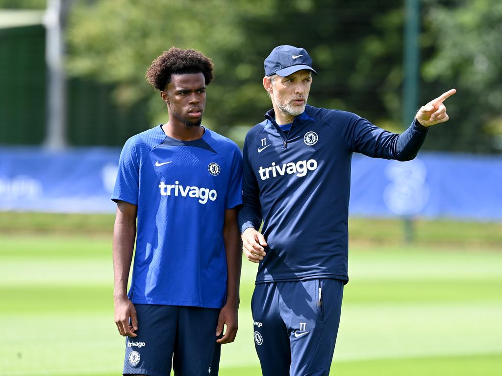 Tuchel, with new signing Carney Chukwuemeka, leads Chelsea training as they prepare for their opening match against Everton. Picture: Darren Walsh/Chelsea FC via Getty Images