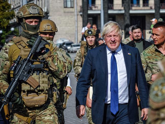 Former British Prime Minister Boris Johnson visits Kyiv's "Maidan" Independence Square, that has been turned into an open-air military museum with destroyed Russian military equipment on Ukraine's Independence Day. Picture: AFP