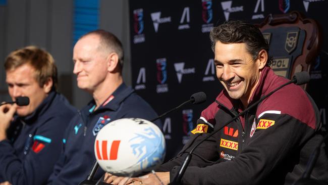 Maroons coach Billy Slater had an awkward meeting with Michael Maguire. Picture: Mark Stewart