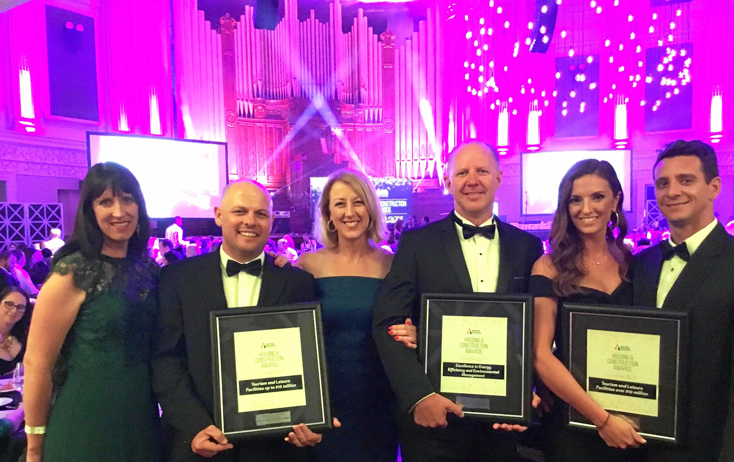 Paloma and Steve Hodgins, Anna and Michael Michell, Emma Dunn and Brendan Watts of Hutchinson Builders at the 2017 Master Builders Queensland Housing and Construction Awards at Brisbane City Hall. Picture: Erle Levey