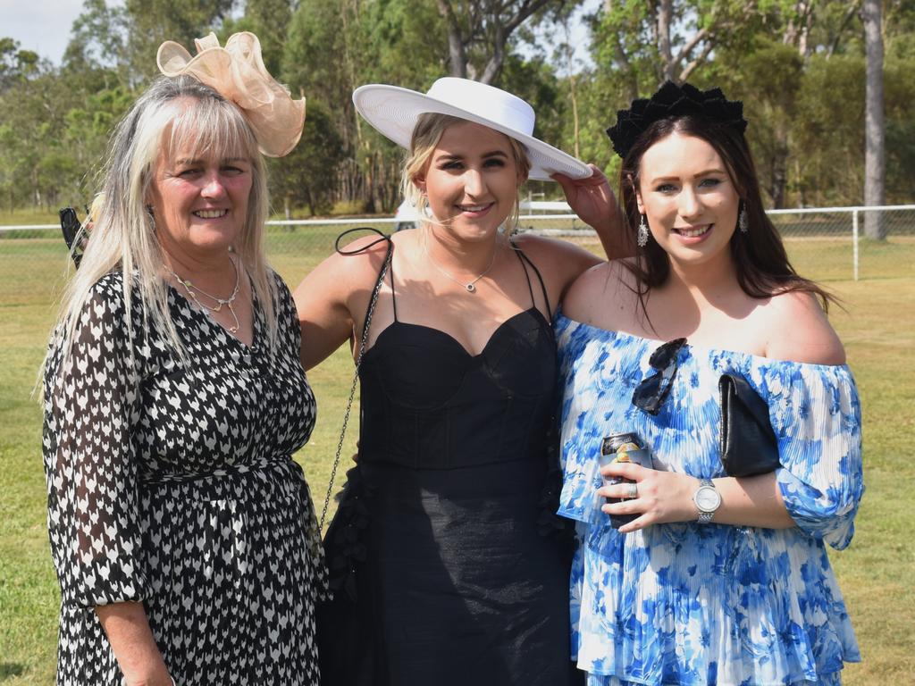 Noela Cox, Thalia Scrivener and Mykala Sullivan at the Yeppoon Turf Club's Derby Day races at Keppel Park Racecourse on November 2, 2024.