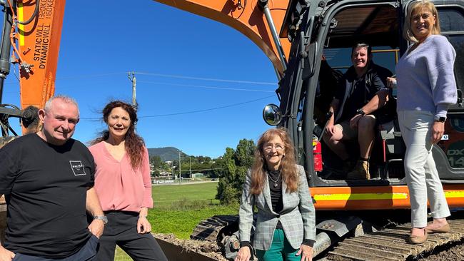 Announcing the start of work on the new stormwater pump station behind Brothers Leagues Club at Murwillumbah on May 20, 2024 are from left Brothers Leagues Club Manager David Orr, Mayor Chris Cherry, Janelle Saffin MP, Brothers Board Member Glenn Weaver and Justine Elliot MP. Picture: Supplied