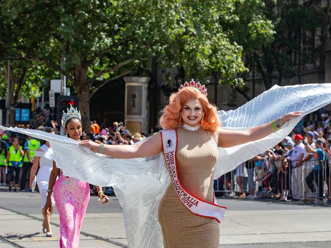 The Australia Day parade makes its way down Swanston Street in Melbourne. Picture: Sarah Matray