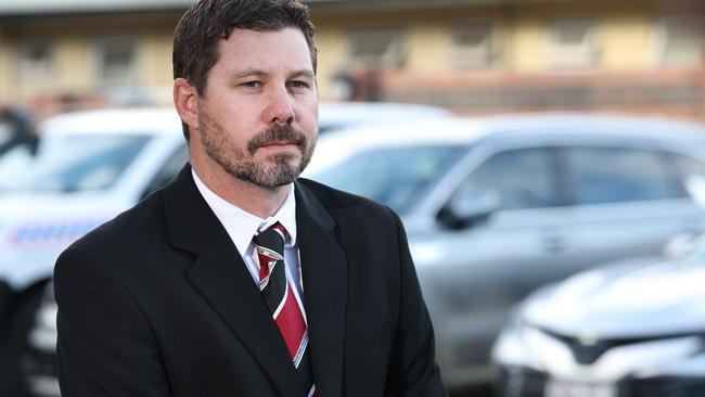Detective Acting Inspector Ryan Thompson speaks to the media at Bundaberg Police Station about the disappearance of Pheobe Bishop. Pics Adam Head