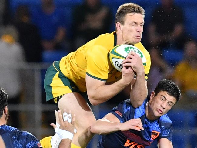 Dane Haylett-Petty flying high for the Wallabies against Argentina. Picture: AAP