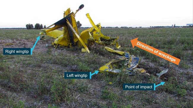 Air Tractor wreckage on a property northeast of Chinchilla after a bird strike killed the pilot.