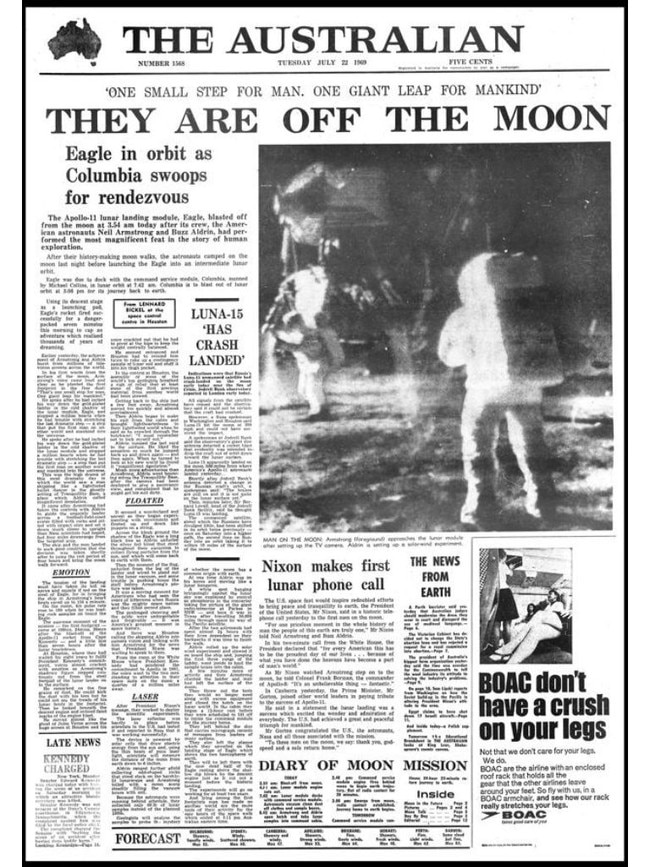 The Australian's front page on the successful Apollo 11 mission in 1969. Picture: NASA