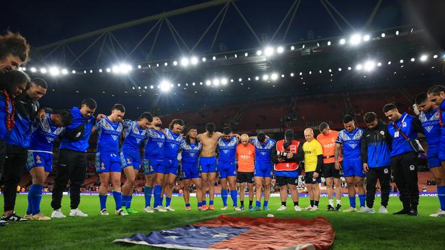 Players of Samoa stand in circle following their side's victory in the Rugby League World Cup Semi-Final match between England and Samoa. Picture: Matthew Lewis/Getty Images for RLWC