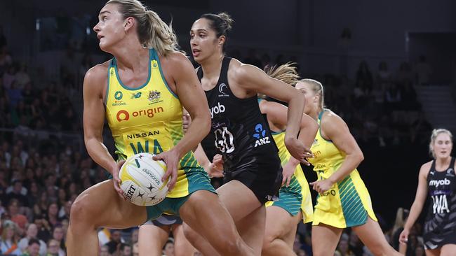 Liz Watson moves the ball during a clash with the Silver Ferns at John Cain Arena.