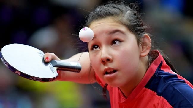 Anna Hursey of Wales on her way to victory in a pairs match of the table tennis teams competition. Photo: AAP