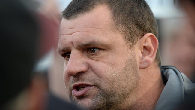 EDFL footy: Pascoe Vale v Essendon Doutta Stars at Pascoe Vale. Pascoe Vale assistant coach Adam Contessa addresses the Panthers at three quarter time. Picture: AAP/ Chris Eastman