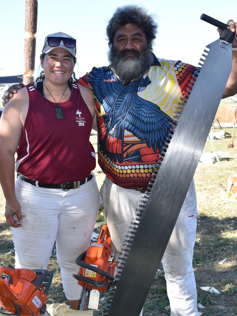 Takiah Barrett of Mackay and her dad Doc competed together in the open sawing handicap at Show Whitsunday on Saturday. Picture: Kirra Grimes