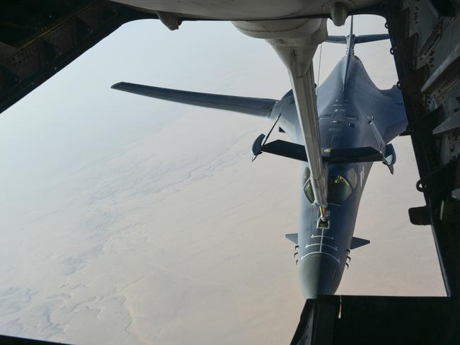 A US Air Force B-1 Bomber separates from the boom pod  en route to striking chemical weapons targets in Syria.