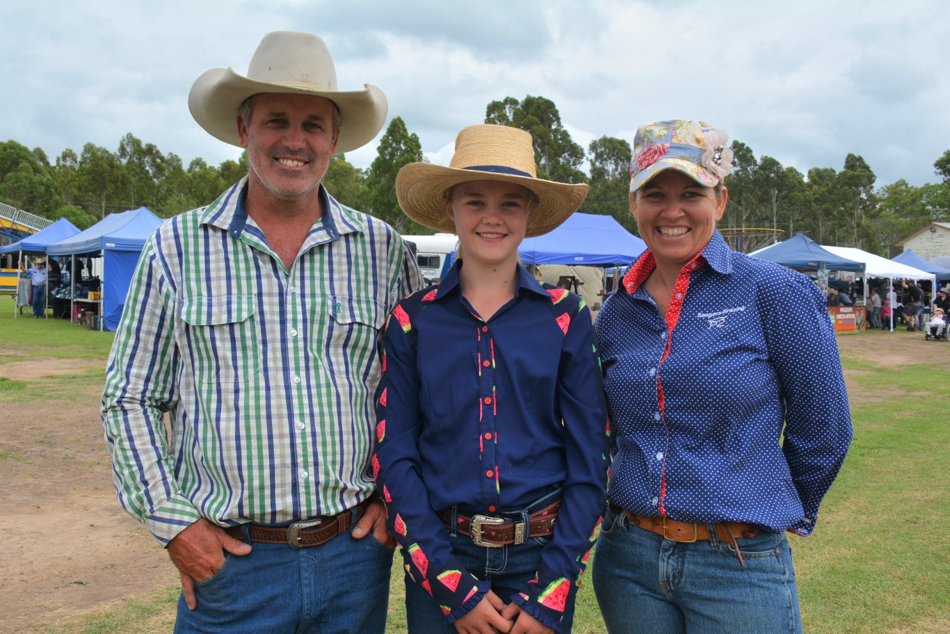 Marty and Giaan Frame from Moola with Maree Perkins at the 71st annual Cooyar Show. Picture: Kate McCormack