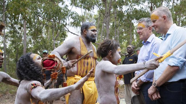 GARMA opening ceremony this evening. Gumatj clan dancers perform bunggul (ceremonial dance) for the PM Anthony Albanese, before presenting him with a Bathi. Picture: Peter Eve.