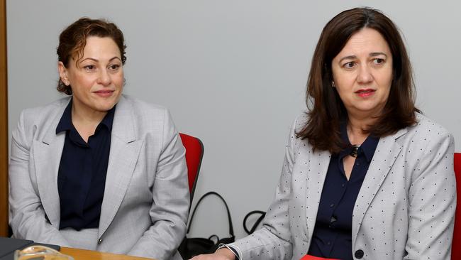 Queensland Deputy Premier Jackie Trad, left. and Premier Annastacia Palaszczuk at a cabinet meeting yesterday. Picture: AAP