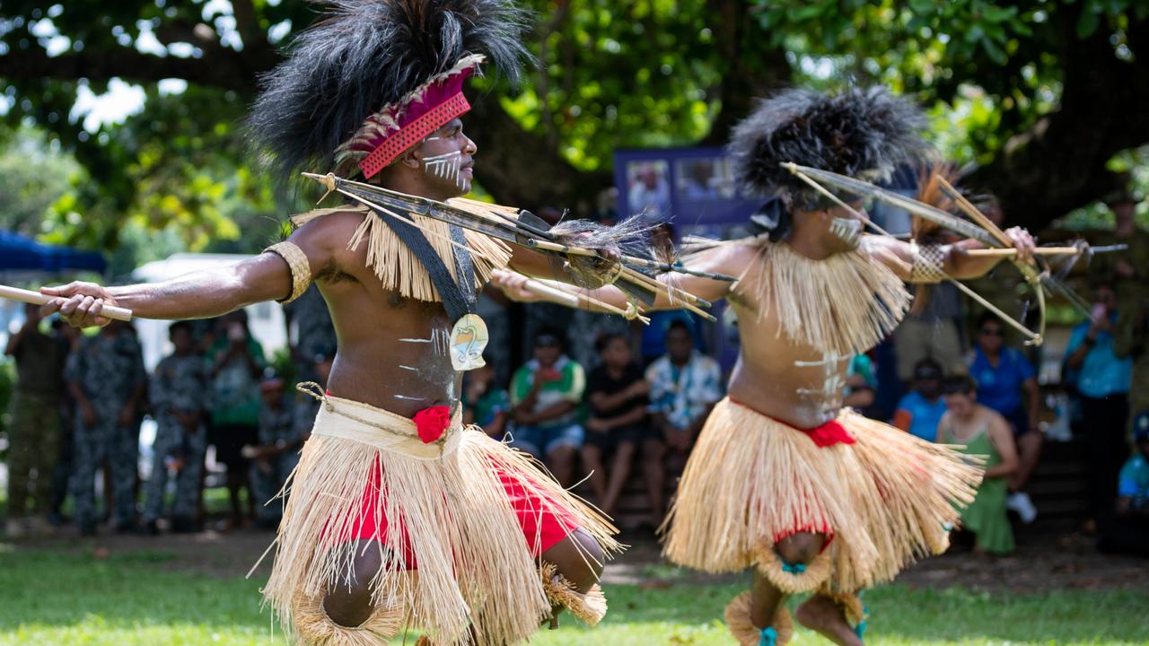 Australian Army soldiers from Sarpeye (Charlie) Company, 51 FNQR perform a traditional Torres Strait Island dance during the Torres Strait Island Light Infantry Battalion 80th anniversary ceremony held at Thursday Island. Picture: Supplied