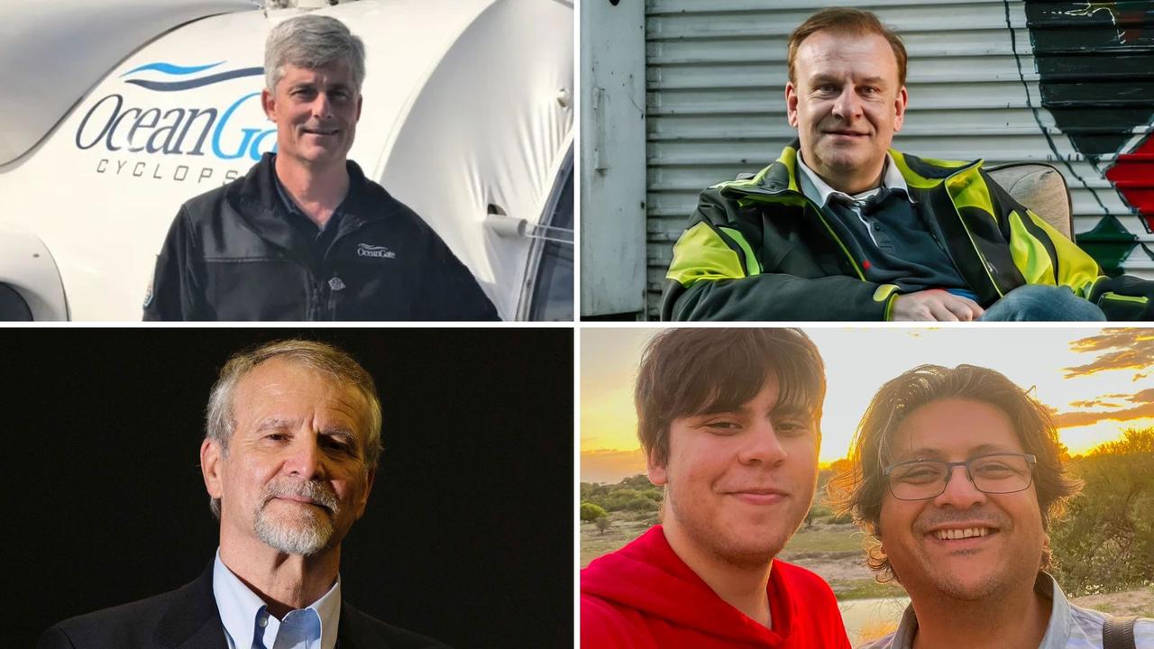 Titan submersible passengers (L-R, top to bottom) Stockton Rush, Hamish Harding, Paul-Henri Nargeolet, Suleman Dawood and his father Shahzada Dawood. Picture: Various sources / AFP / OceanGate Expeditions.