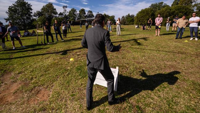 Auctioneer James Keenan was back in business at Sydney’s inner-west Camperdown on Saturday. Picture: James Gourley