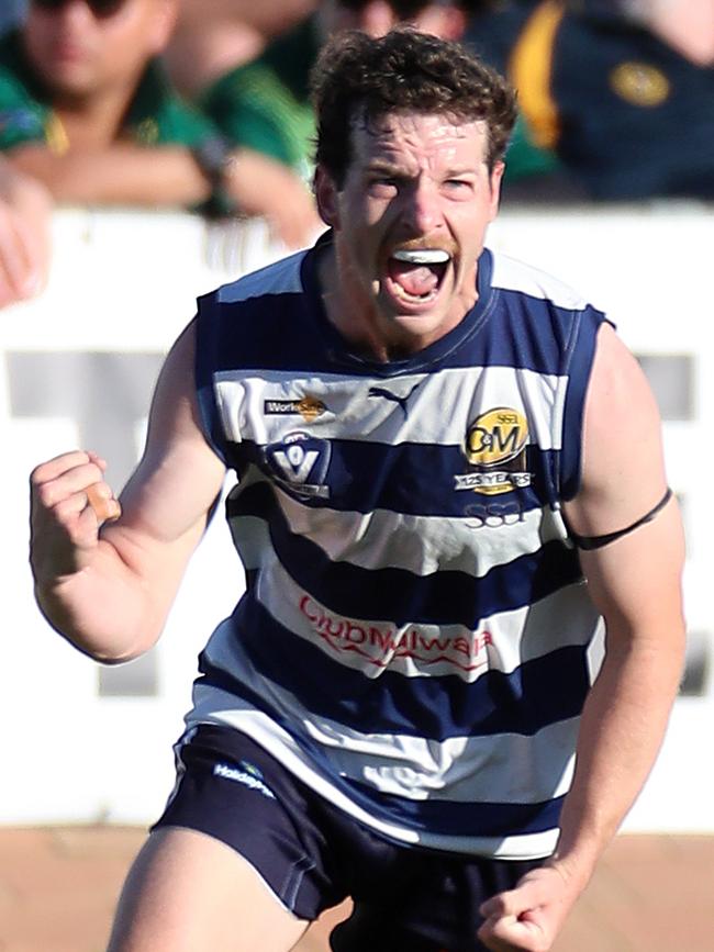 Yarrawonga’s Ryan Bruce celebrates a goal in the thrilling grand final win over Albury. Picture: Yuri Kouzmin