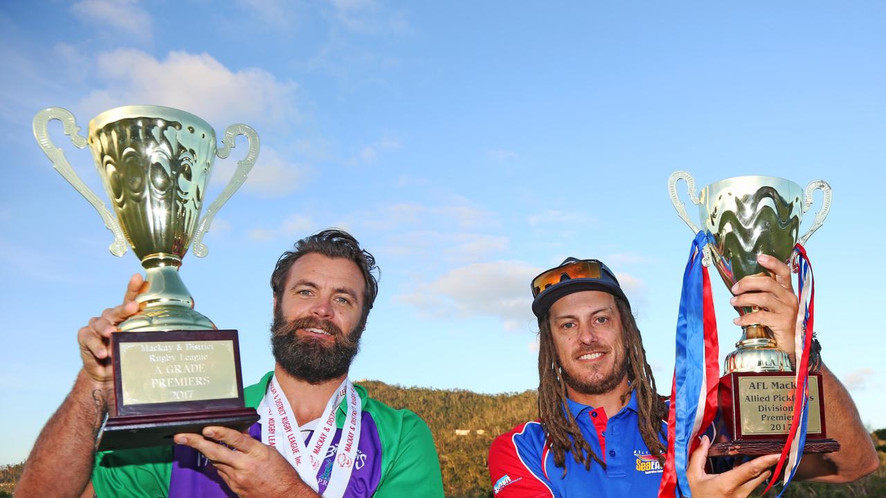 THE BEST: Captain of the premiership winning Whitsunday Brahmans Phil Ramage and 2017 coach of the premiership winning Sea Eagles, Luke Somerville with their booty.