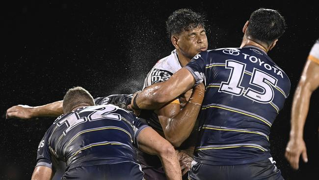 Selwyn Cobbo against the Cowboys on Saturday night. Picture: Ian Hitchcock/Getty Images