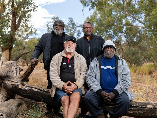 Arrernte men Jonathan Conway, Russell Bray, Benedict Stevens and Fabian Conway think there should be more inclusive and adequate consultation on the gallery location. Photo: EMMA MURRAY