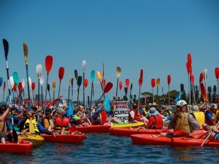 NEWCASTLE, AUSTRALIA - NOVEMBER 26: People take to the water as they continue blockade the access to the coal port in protest for climate action at Horseshoe Beach on November 26, 2023 in Newcastle, Australia. The group organising the protest said in a Facebook post that they aim to hold the largest peaceful civil disobedience protest for climate action in Australia's history, at the world's largest coal port at Newcastle.  Australia is still one of the world's most prolific consumers and producers of coal, an ongoing point of contention as the country tries to pivot to meet emissions reduction targets. (Photo by Roni Bintang/Getty Images)