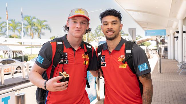 Bailey Humphrey fuels up for another big game in Darwin with teammate Malcolm Rosas. Picture: Pema Tamang Pakhrin