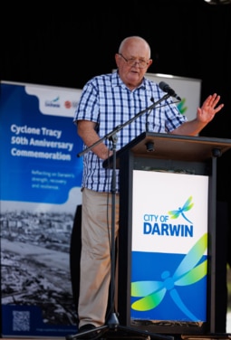 Attendees gather for the Cyclone Tracy commemoration, organised by the City of Darwin. Picture: Charlie Bliss.