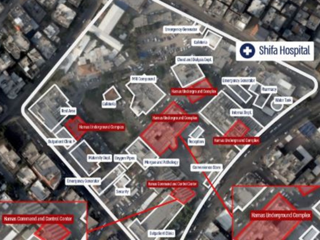 A satellite image issued by the IDF shows what the military says are Hamas command centres located underneath Shifa Hospital in Gaza. Picture: IDF