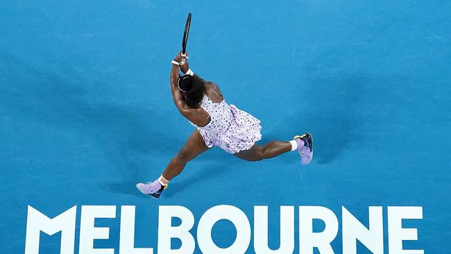 Serena Williams returns serve during her second round match against Tamara Zidansek of Slovenia on day three of the Australian Open. Picture: AAP