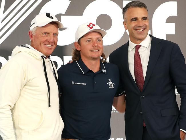 ADELAIDE, AUSTRALIA - APRIL 20: Greg Norman, Commissioner of Liv with Captain of the Ripper team, Cameron Smith and the Premier of South Australia Peter Malinauskas ahead of Liv Golf Adelaide at The Grange Golf Club on April 20, 2023 in Adelaide, Australia. (Photo by Sarah Reed/Getty Images)