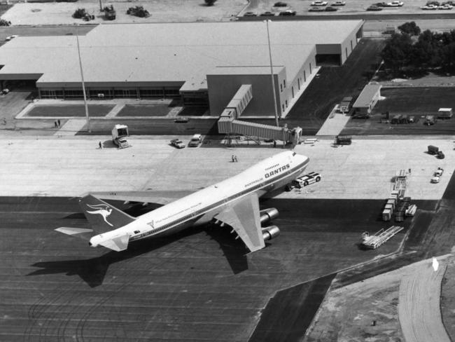 A Qantas jet parked at the then-new international terminal at Adelaide Airport, in October 1982.