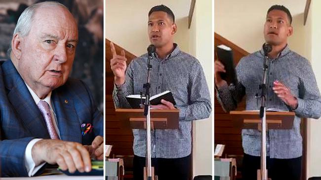 Israel Folau (centre, right) delivers his Sunday sermon that's drawn criticism from radio broadcaster Alan Jones (left).