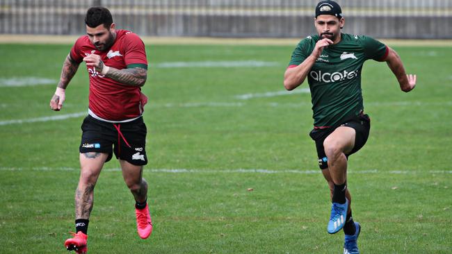 South Sydney players Adam Reynolds, left, and Cody Walker training with the Rabbitohs at Redfern Oval on Monday. Picture: Adam Yip