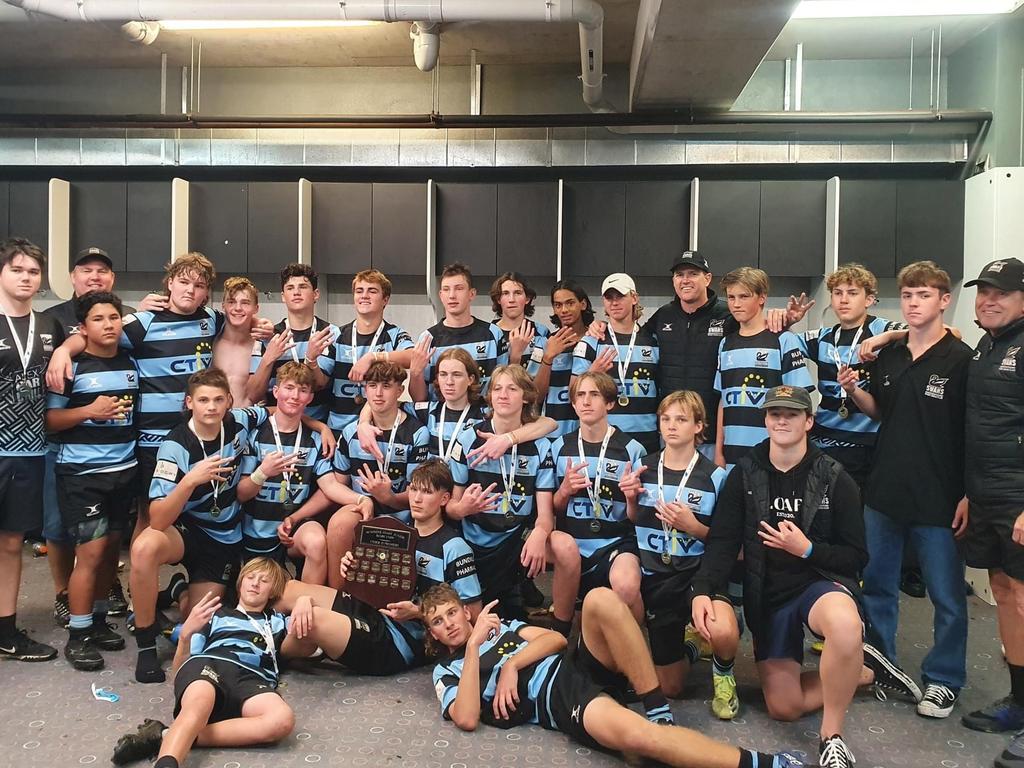 Maroochydore Swans U15s rugby union side celebrate winning their third premiership in a row. Picture: Contributed.