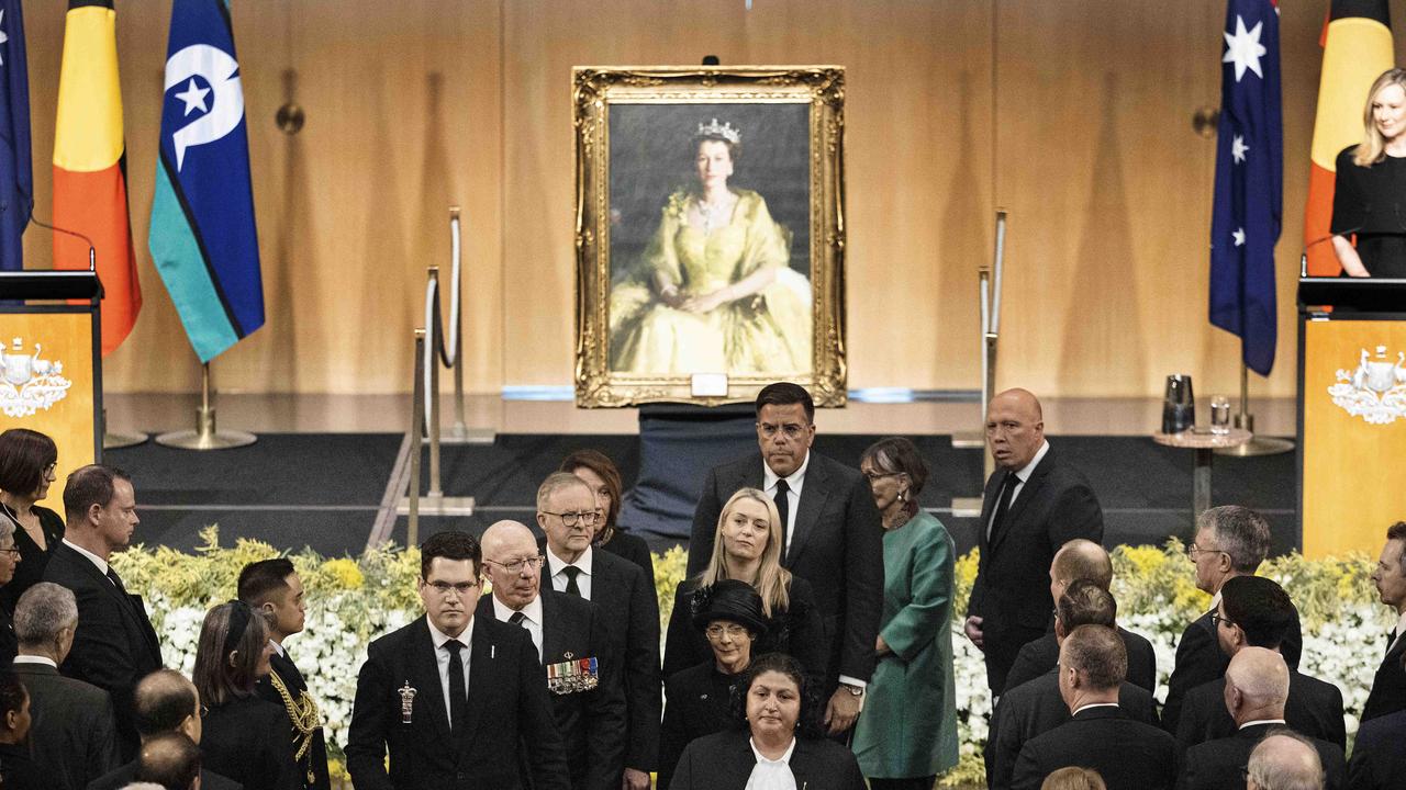 Prime Minister Anthony Albanese with partner Jodie Haydon, the Opposition Leader Peter Dutton and the Governor-General David Hurley and his wife Linda, attended the national memorial service to celebrate the life of Her Majesty The Queen. Picture: NCA NewsWire / Gary Ramage