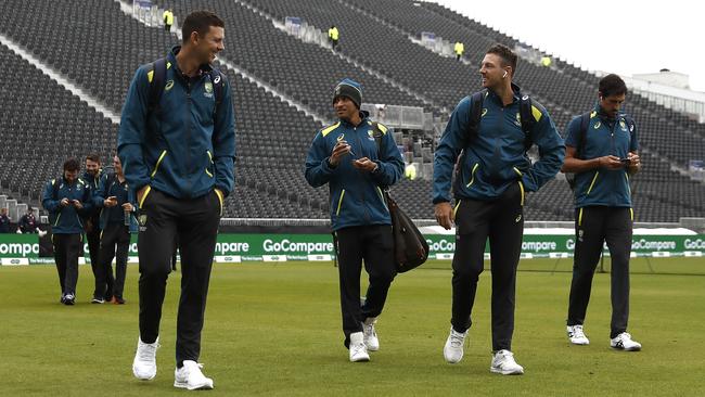 Josh Hazlewood, Usman Khawaj, James Pattinson and Mitchell Starc make their way onto the ground. Picture: Getty Images