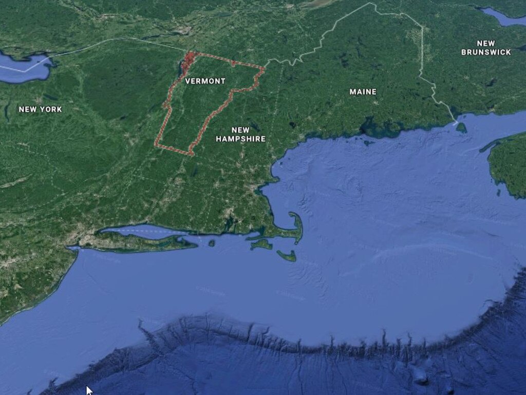 A Google Earth view showing Vermont, New Hampshire and Massachusetts, under which an unexpected large blob of molten magma has been detected.