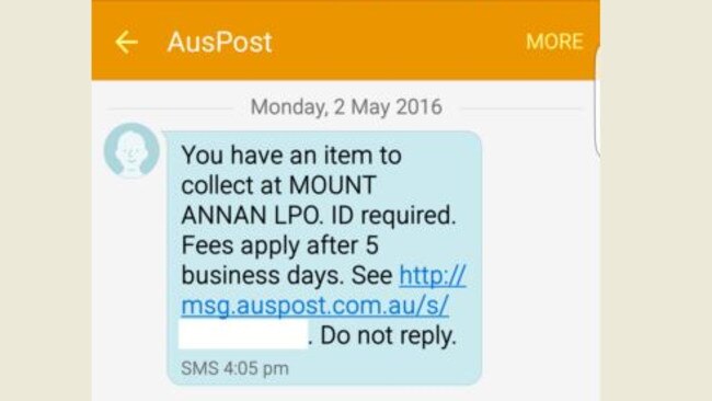 A screenshot of the text message, sent to an Australia Post customer on Monday, telling them they would be charged even though the fees aren’t yet in place.