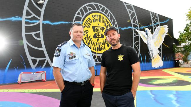 Officer in Charge of Kirwan Police Station Matty Lyons and Matt Noffs, CEO Ted Noffs Foundation. Street Universities is working together on a groundbreaking new program targeting kids who are 'addicted to the high' they get when stealing cars. Picture: Shae Beplate.