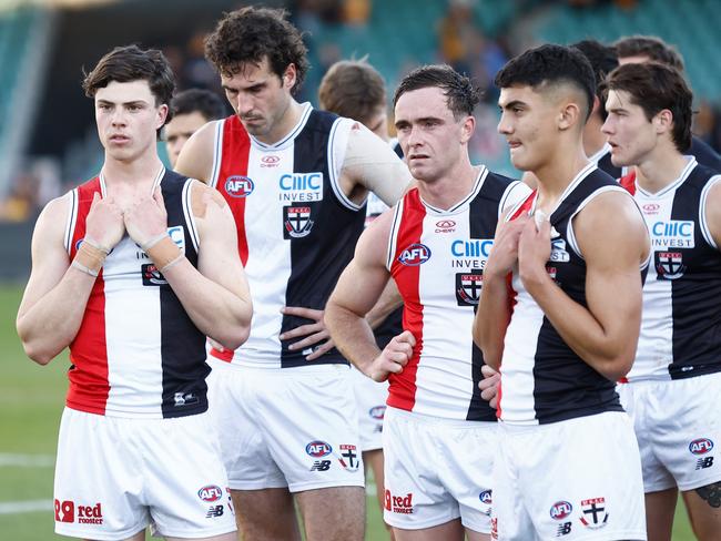 LAUNCESTON, AUSTRALIA - MAY 11: Saints players look dejected after a loss during the 2024 AFL Round 09 match between the Hawthorn Hawks and the St Kilda Saints at UTAS Stadium on May 11, 2024 in Launceston, Australia. (Photo by Michael Willson/AFL Photos via Getty Images)