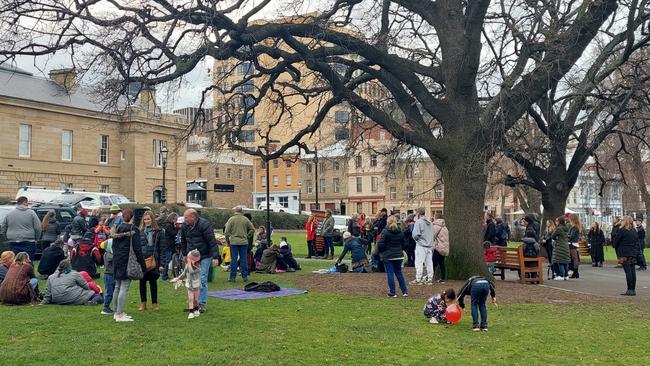 Members of the public and Tasmanians for Truth group rally against the Covid-19 vaccine rollout at Parliament Lawns. Picture: ANNIE MCCANN