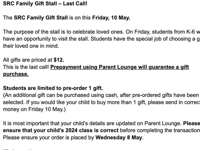 Snapshot of an email sent to parents about the "Family Gift Stall" at a Hunter Valley private school, instead of a Mother's Day stall.