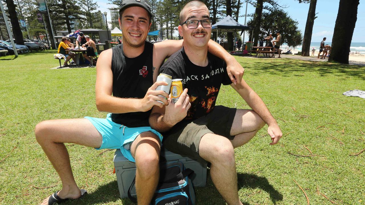 People celebrating Australia Day at Burleigh Heads. (L-R) Joel Martin and Brandon Pinnington of Burleigh Pic Mike Batterham