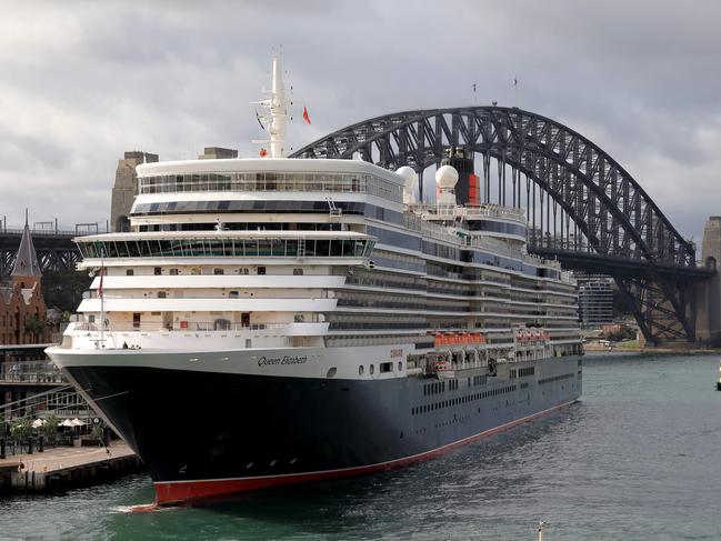 The Queen Elizabeth in port at Circular Quay,  Sydney Harbour, Sydney. 15th March, 2020. The Queen Elizabeth will be the last international ship to port in Circular Quay for at least the next 30 days as Scott Morrison announced today that International cruise ships will cease to arrive in Australian waters due to the coronavirus. Picture by Damian Shaw