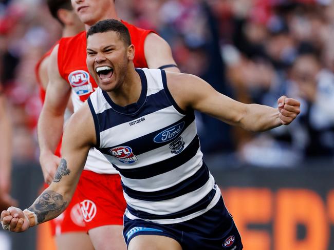 MELBOURNE, AUSTRALIA - SEPTEMBER 24: Brandan Parfitt of the Cats celebrates a goal during the 2022 Toyota AFL Grand Final match between the Geelong Cats and the Sydney Swans at the Melbourne Cricket Ground on September 24, 2022 in Melbourne, Australia. (Photo by Dylan Burns/AFL Photos via Getty Images)